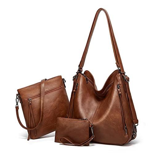 shopo faux leather women handbag shoulder hobo bag purse (long strap bag) with small shoulder bag and wallet (3 in 1) brown