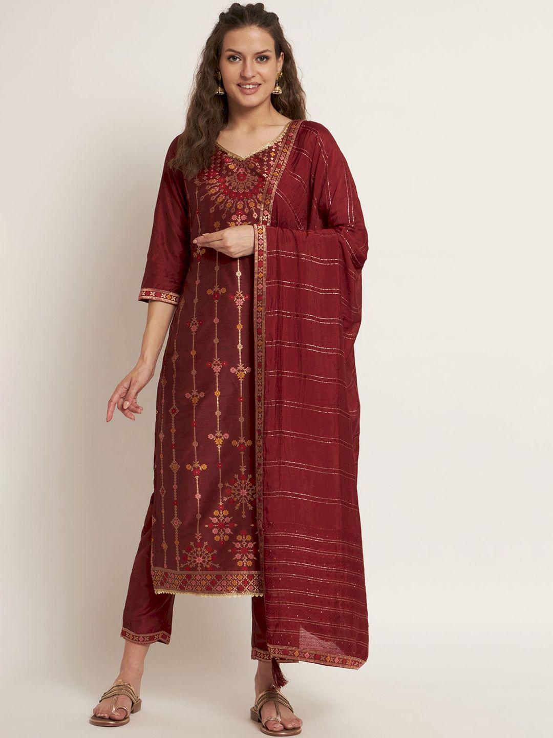 shopping queen ethnic motifs woven design v-neck gotta patti kurta with trousers & dupatta