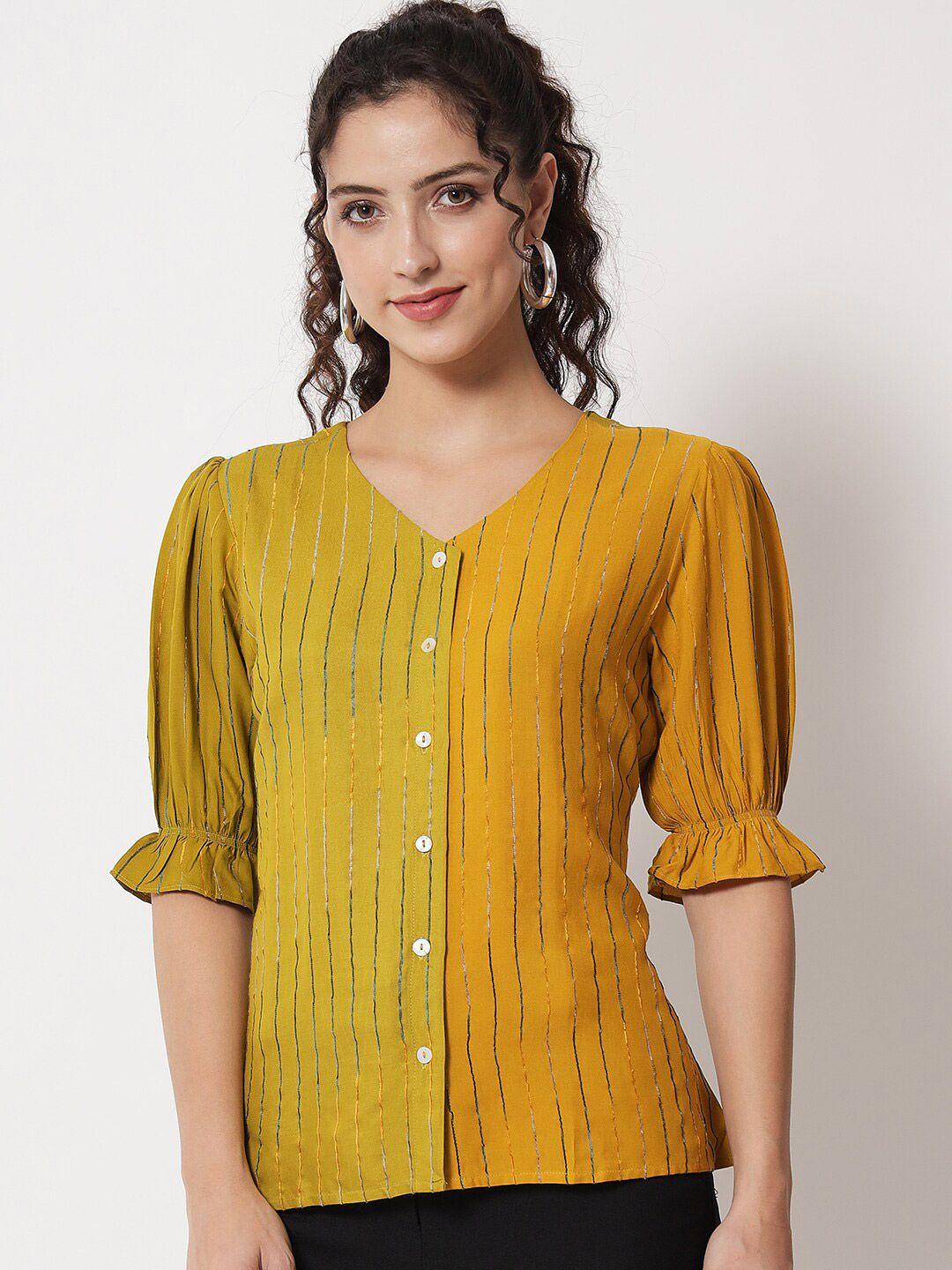 shopping queen women green & mustard yellow striped shirt style top