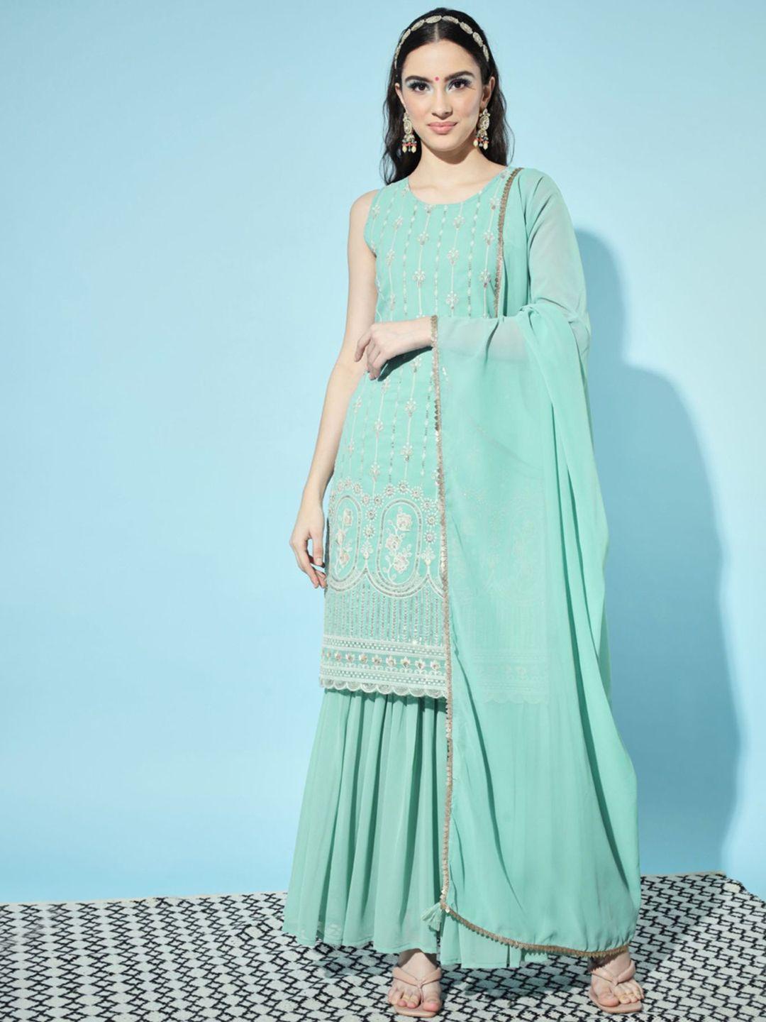 shopping queen women turquoise blue floral embroidered kurta with sharara & dupatta