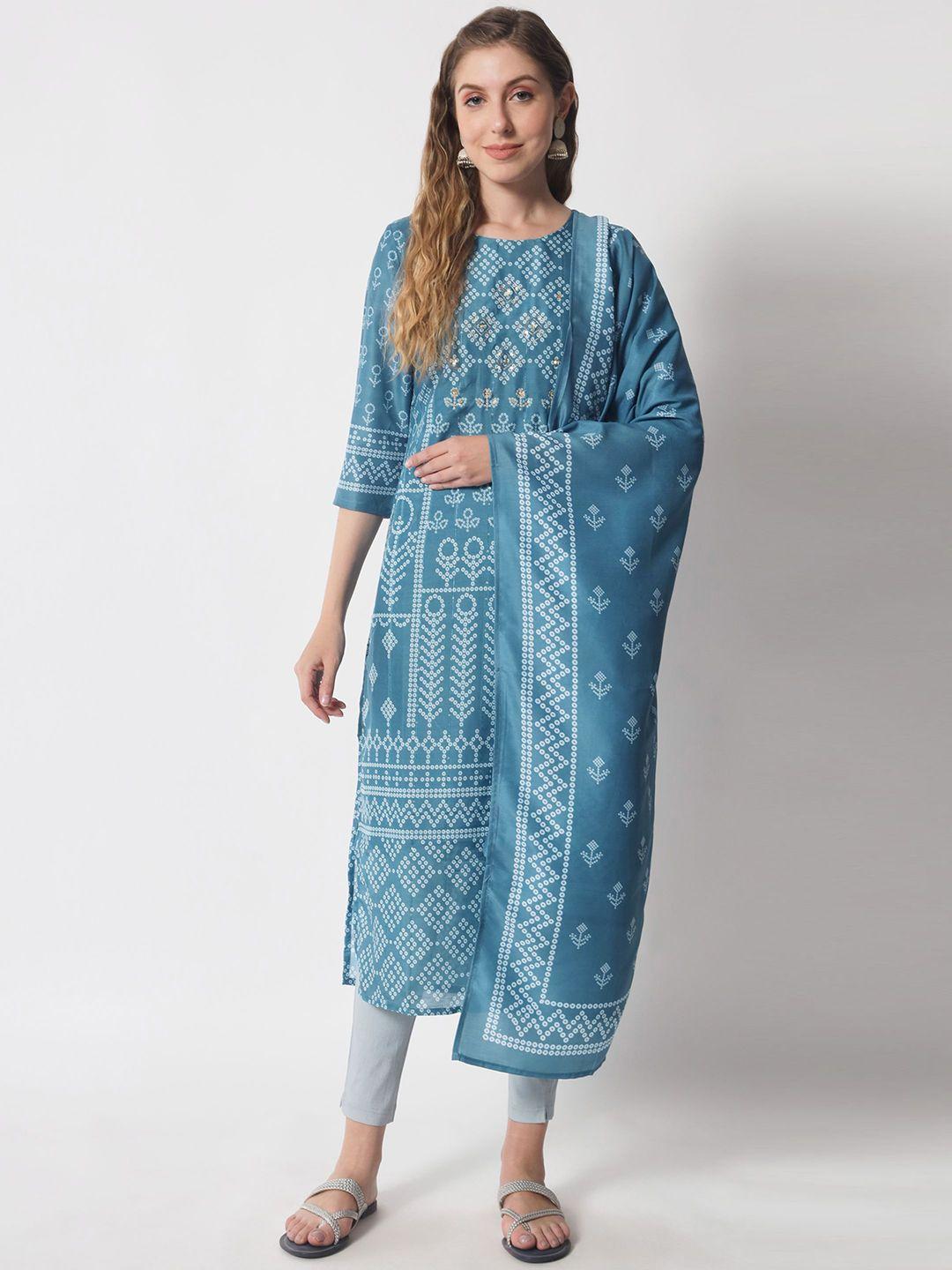 shopping queen bandhani printed kurta with trousers & with dupatta