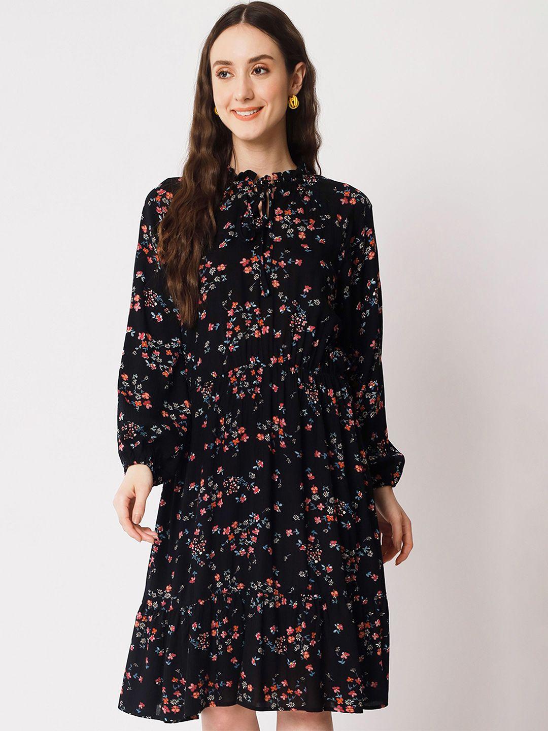 shopping queen black floral print puff sleeve fit & flare dress