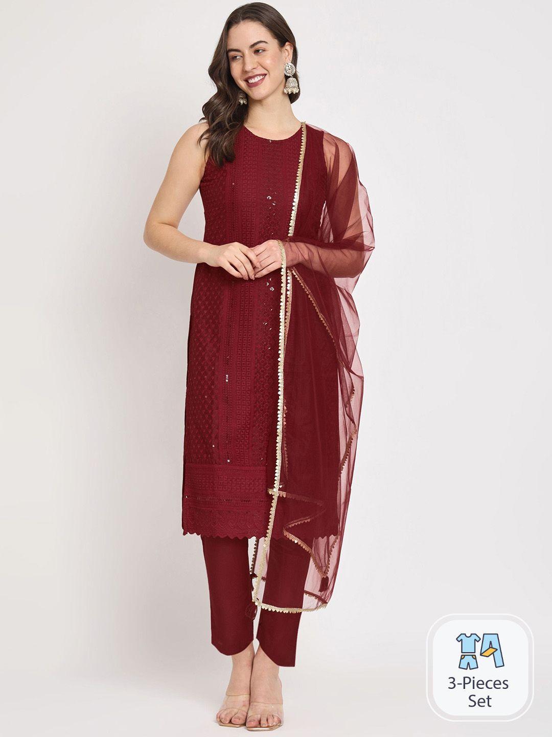 shopping queen ethnic motif embroidered regular sequinned kurta with trousers & dupatta
