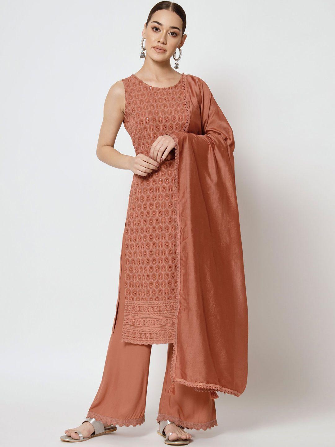 shopping queen floral chikankari embroidered kurta with palazzos & dupatta