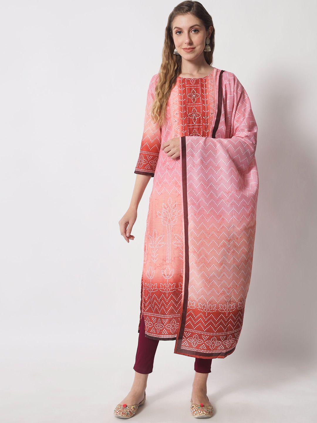 shopping queen women bandhani printed beads and stones kurta with trousers & dupatta