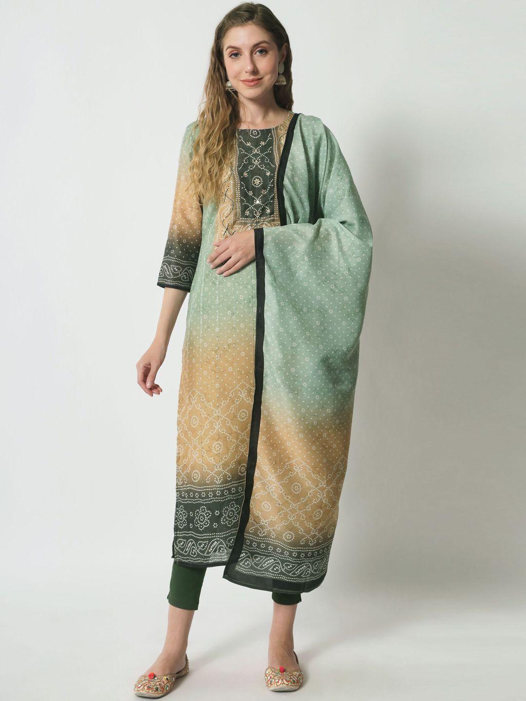 shopping queen women bandhani printed kurta with trousers & dupatta