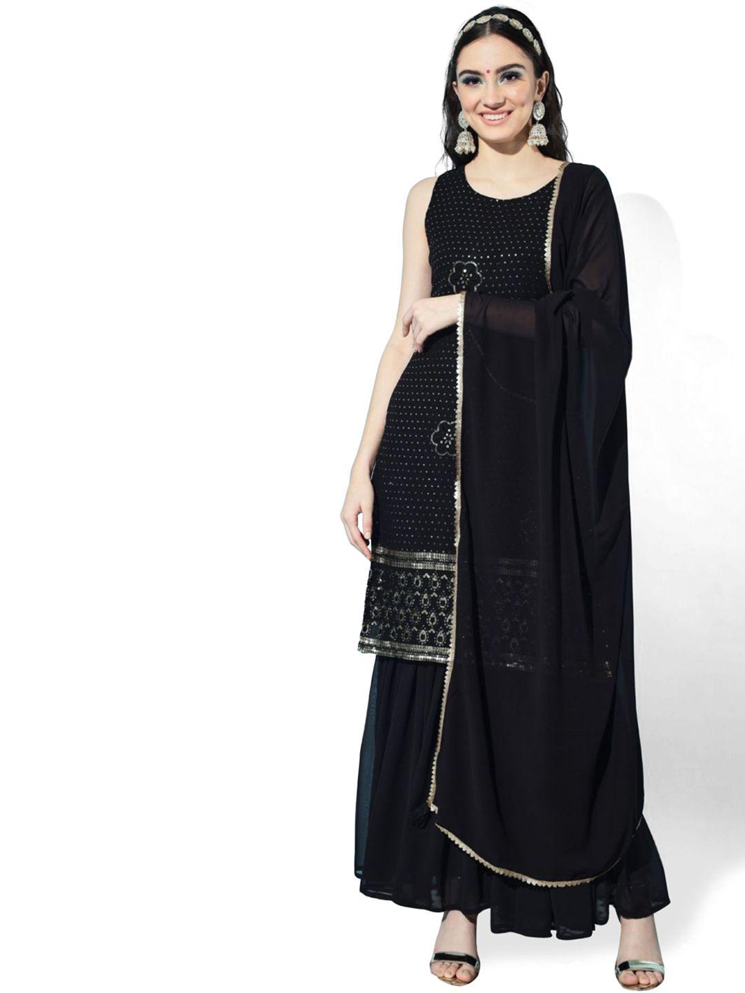 shopping queen women black floral embroidered sequinned kurta with sharara & dupatta