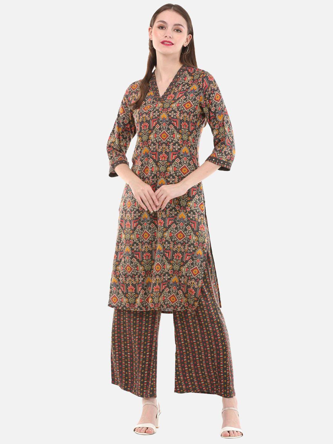 shopping queen women brown printed kurta with palazzos