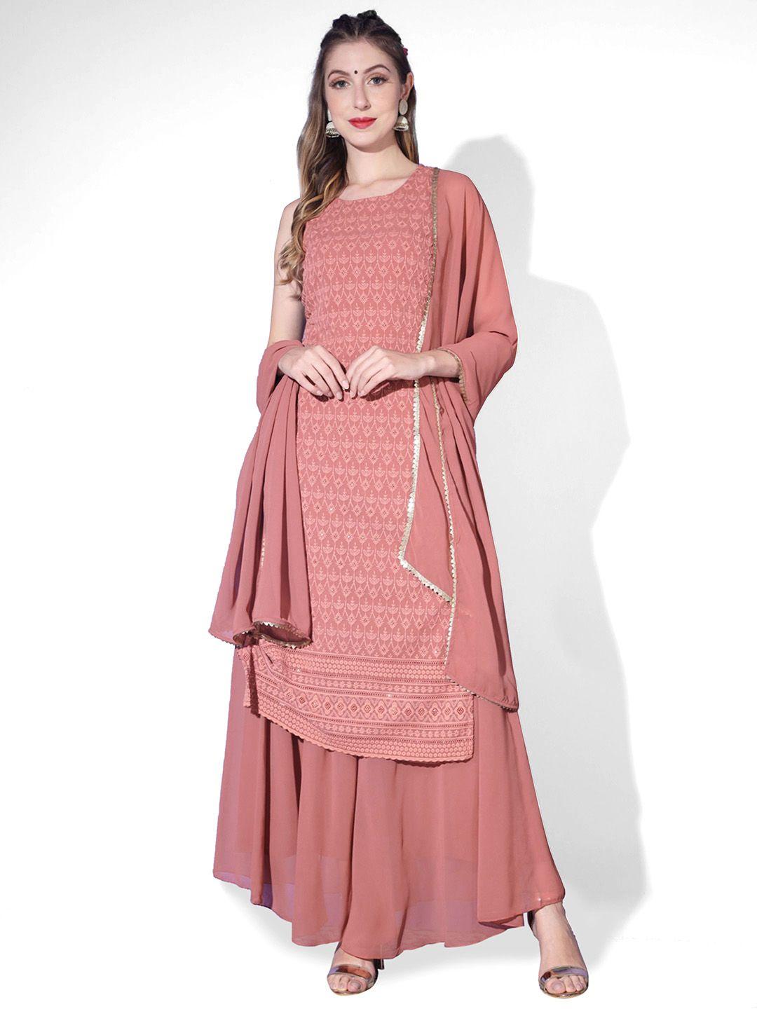 shopping queen women ethnic motifs embroidered chikankari kurta with palazzos & dupatta