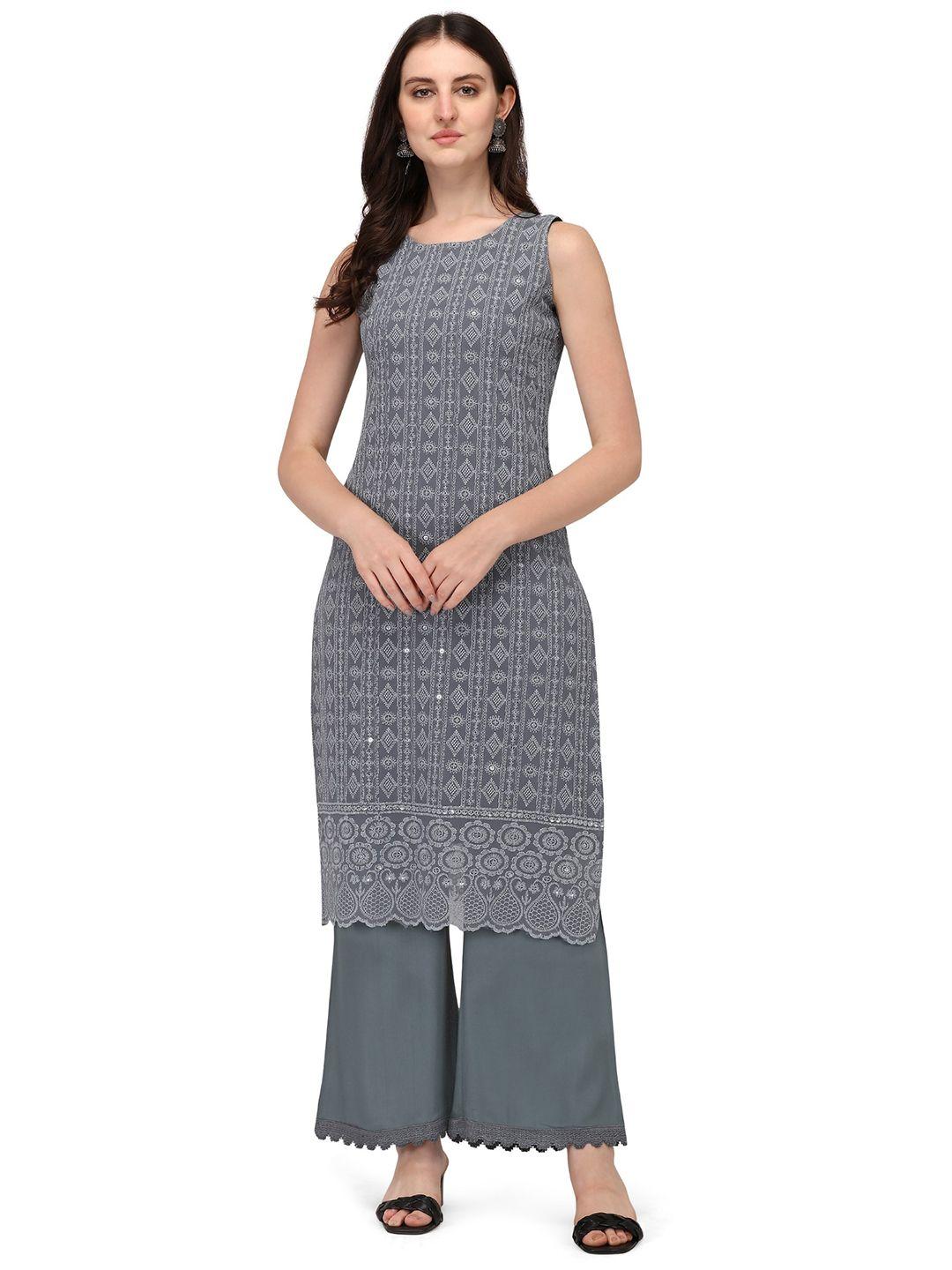 shopping queen women grey printed kurti with palazzos