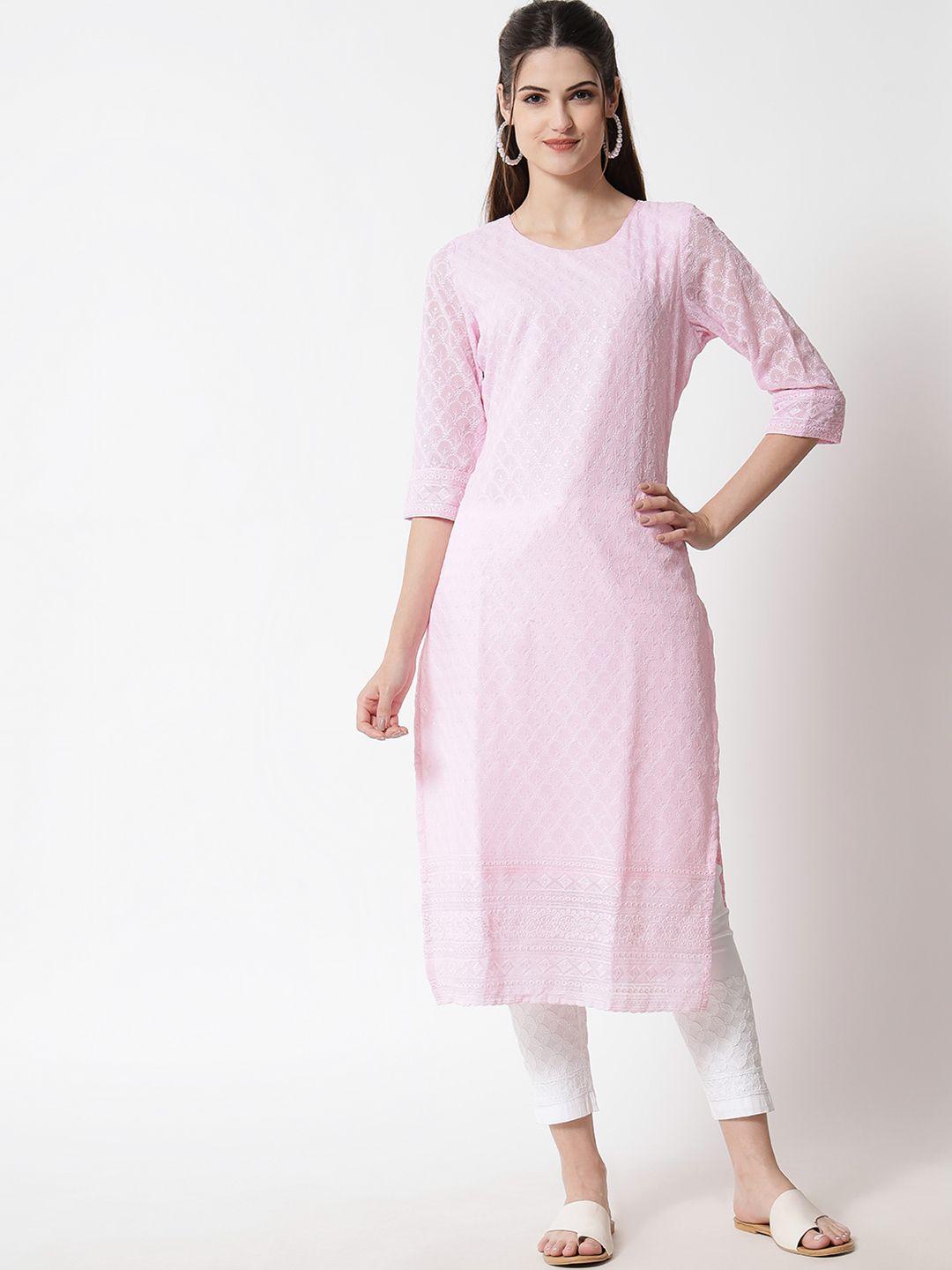 shopping queen women pink embroidered georgette kurta