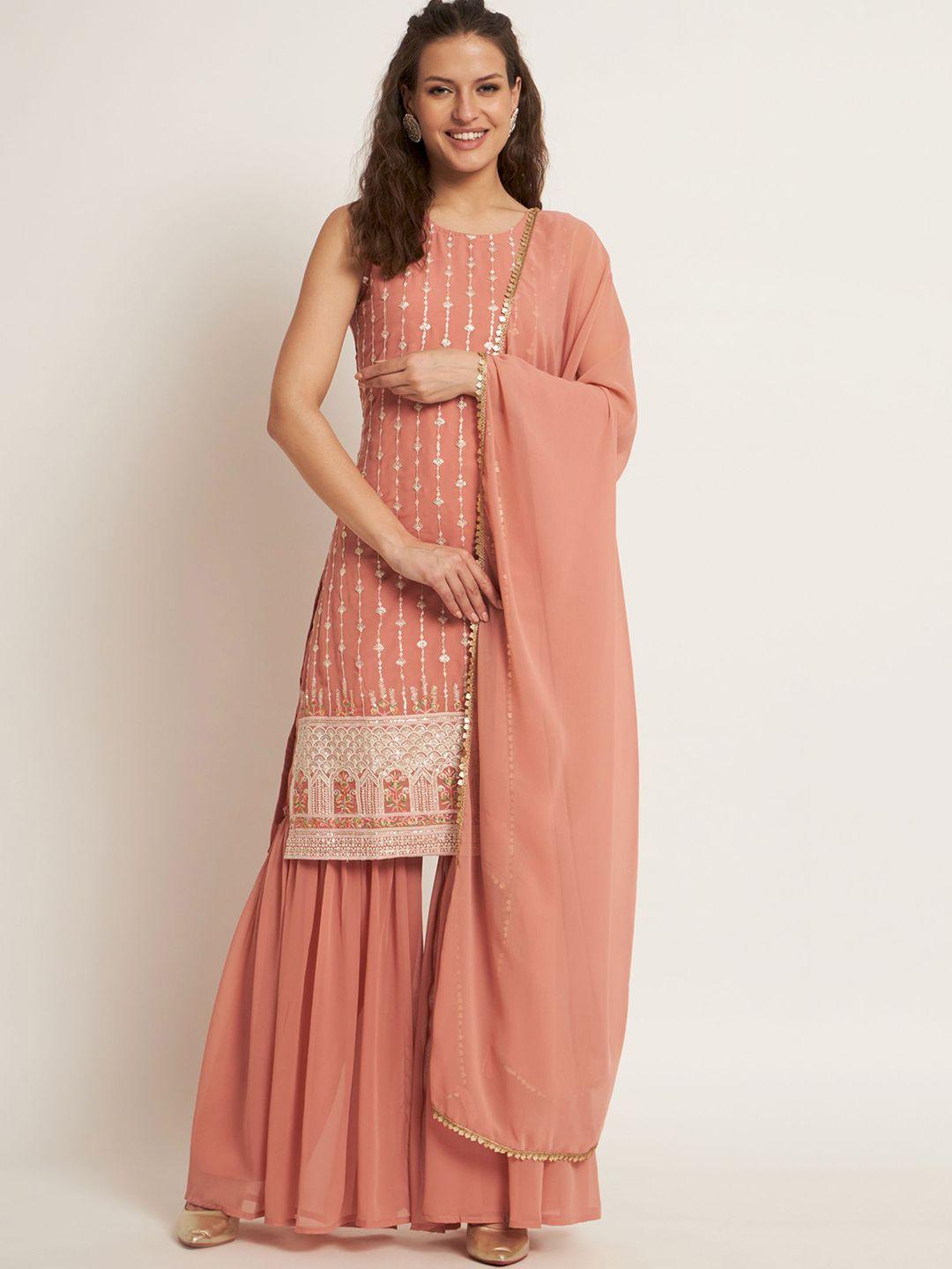 shopping queen women pink ethnic motifs embroidered regular kurta with sharara & with dupatta