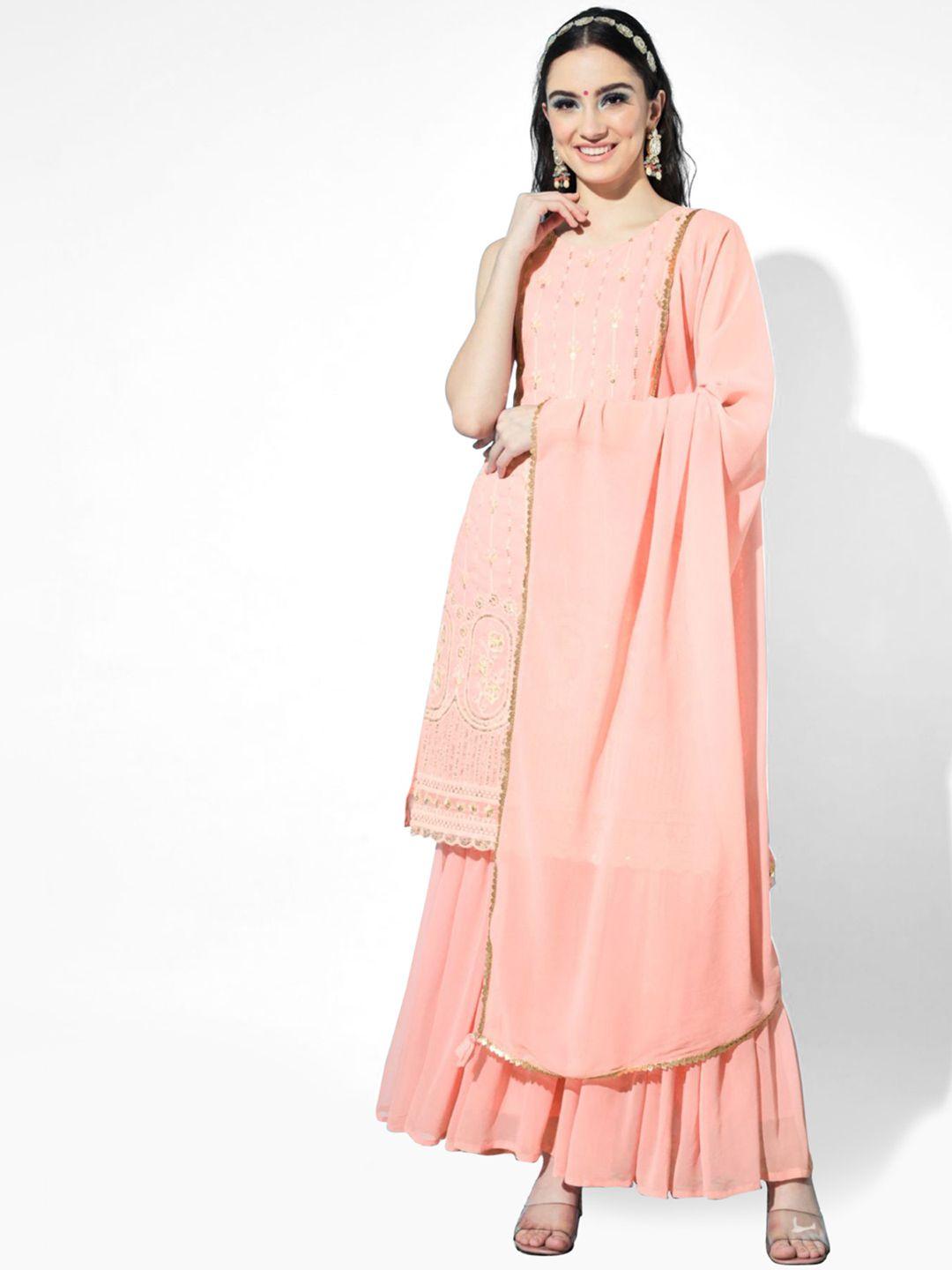 shopping queen women pink floral embroidered kurta with sharara & with dupatta