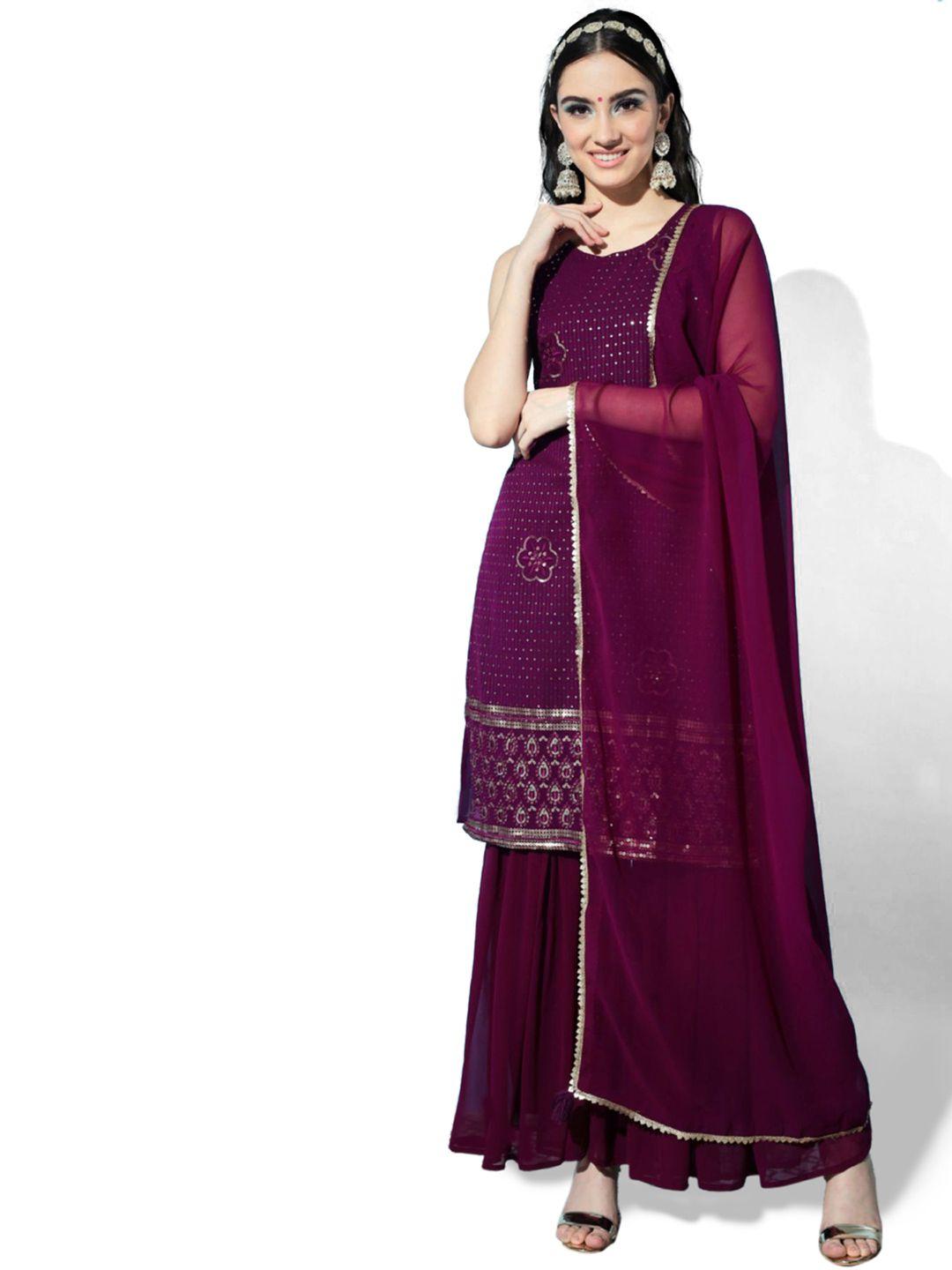 shopping queen women purple floral embroidered sequinned kurta with sharara & dupatta