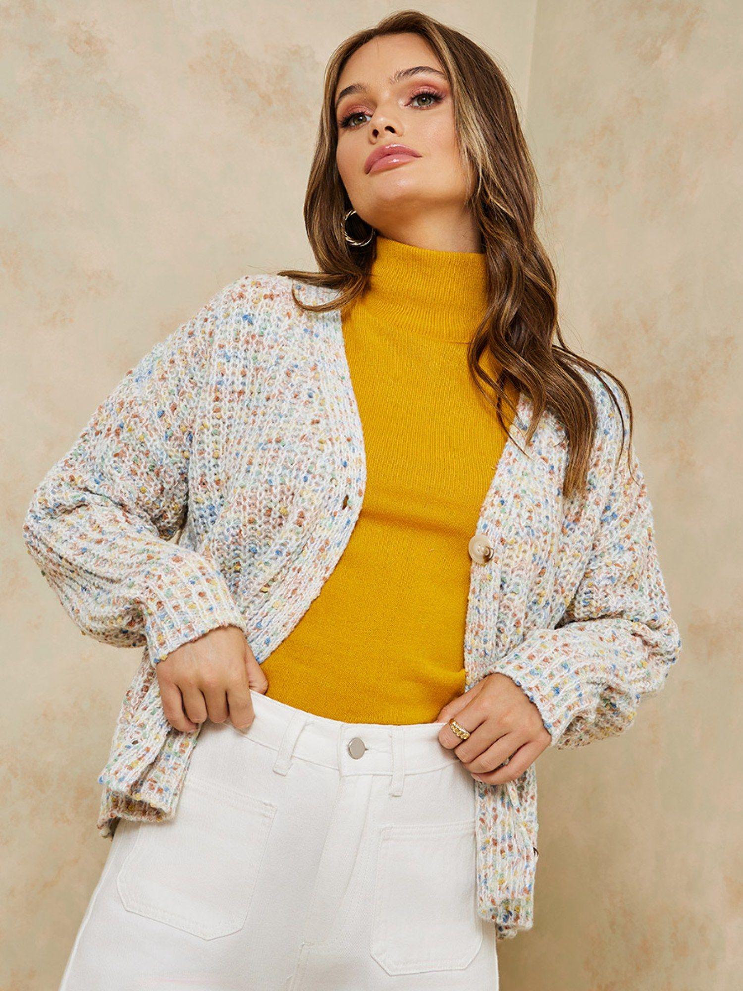 short length yarn button down boxy fit cardigan - multi-color