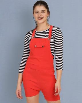 short dungaree with striped top