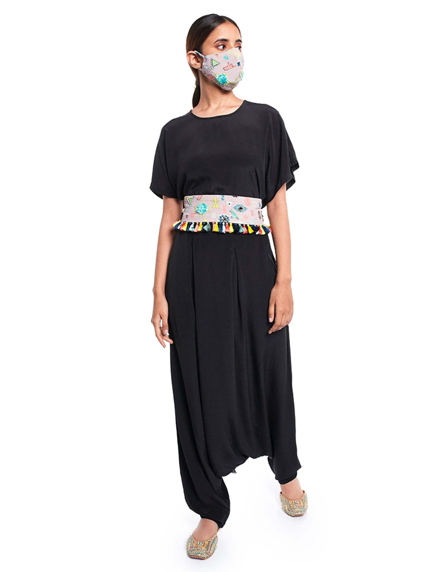 short kaftaan top and low crotch pant with mask and tieup belt (set of 4)