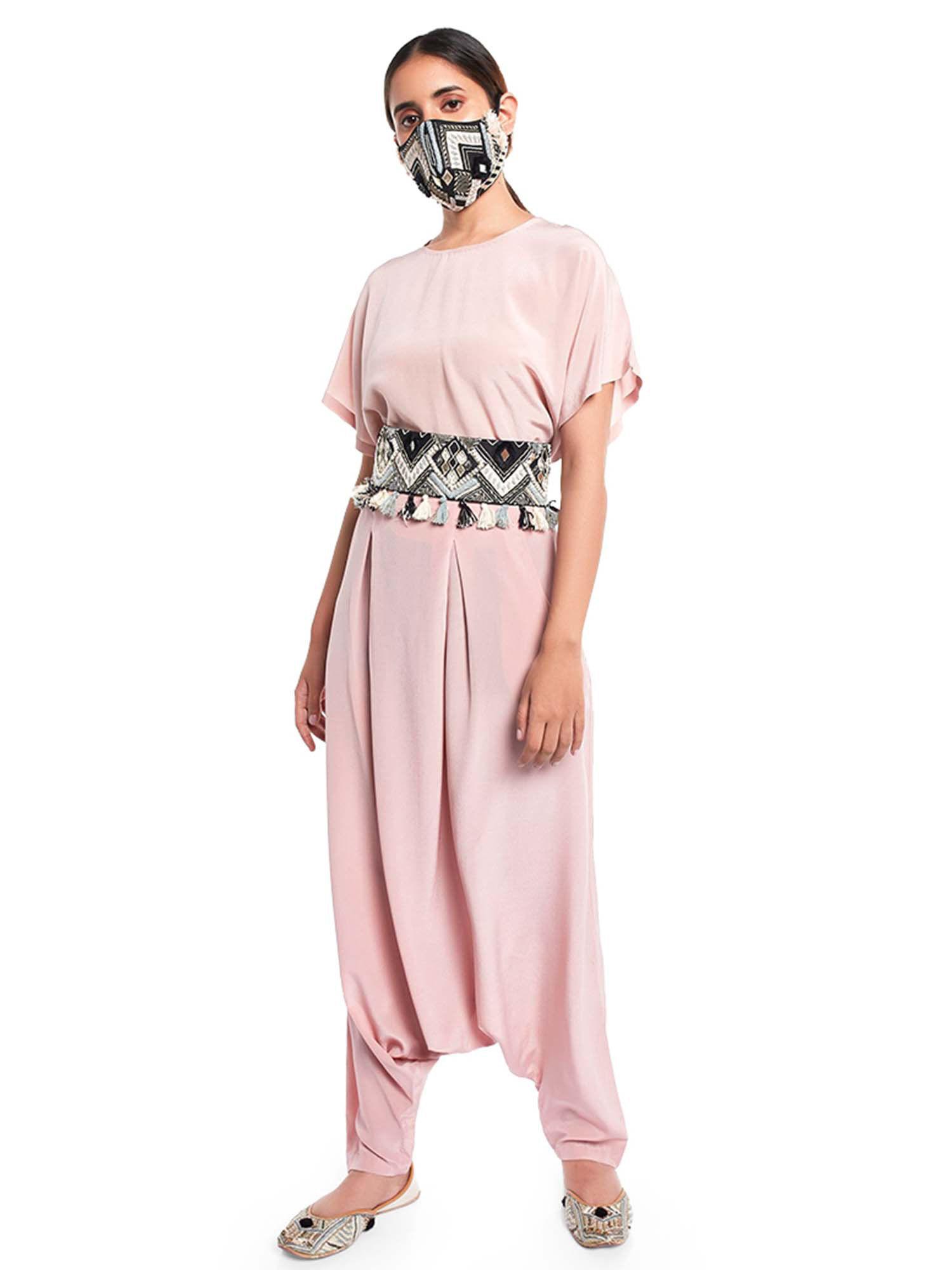 short kaftaan top and low crotch pant with mask and tieup belt (set of 4)