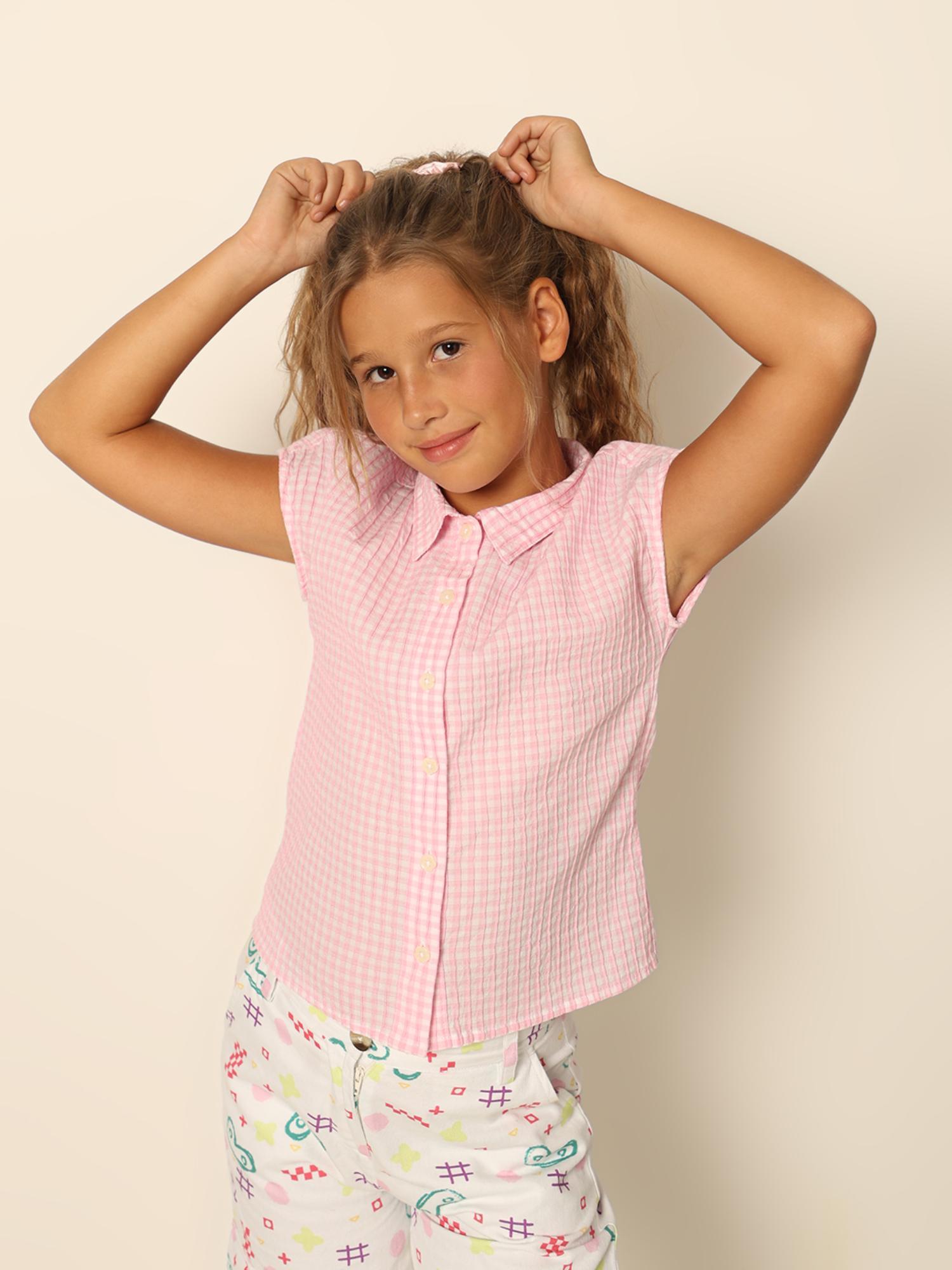 short sleeve checkered regular fit pink shirt