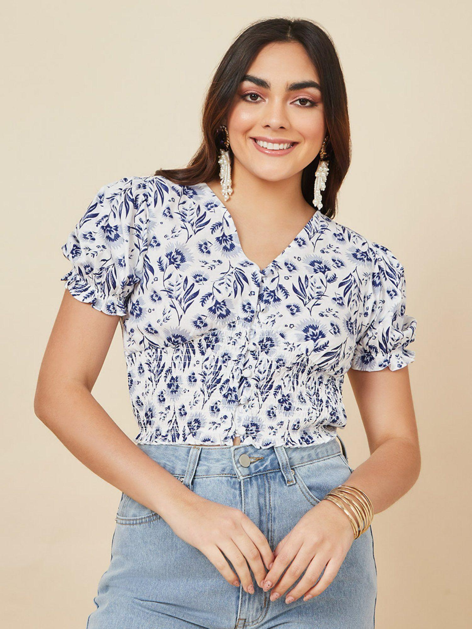 short sleeve floral printed v neck shirt with shirring