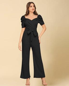 short-sleeve jumpsuit with waist tie-up