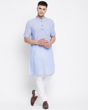 short sleeve long kurta with mandarin collar 