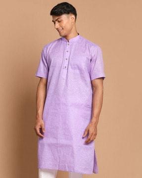 short-sleeve long kurta with mandarin collar