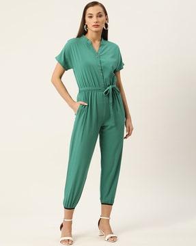 short sleeves jumpsuit with tie-up