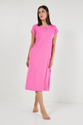 short sleeves polyester women's night gown - fuschia