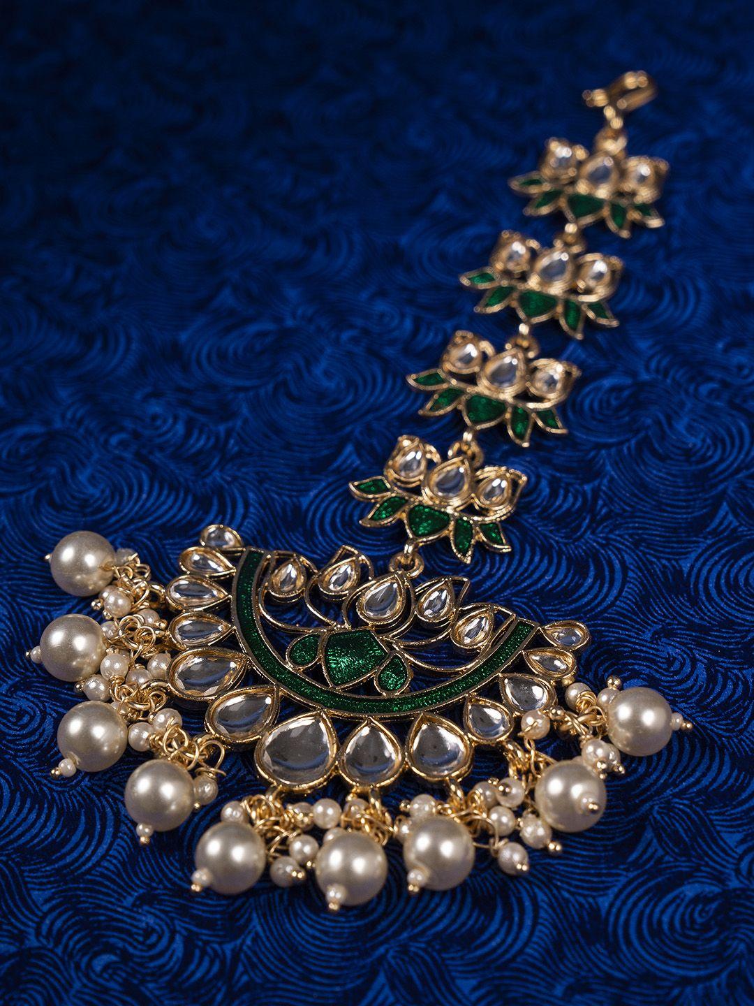 shoshaa 22 kt gold-plated white & green kundan-studded pearls handcrafted maang tikka