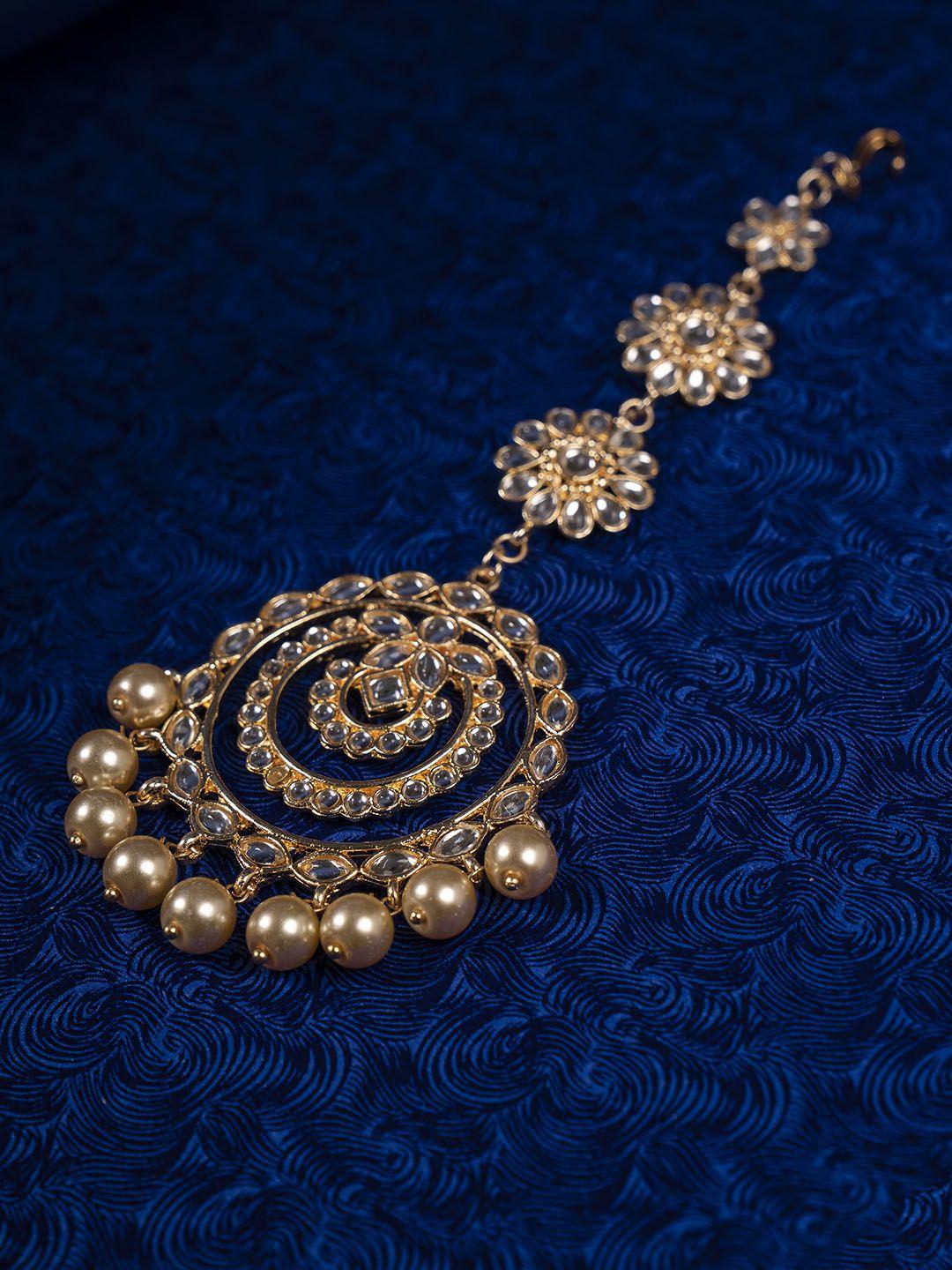 shoshaa 22 kt gold-plated white kundan studded pearls handcrafted maang tikka