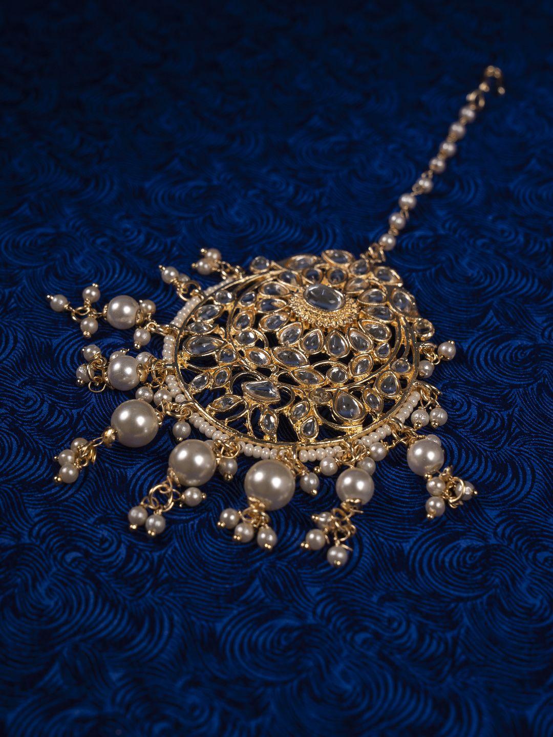 shoshaa 22kt gold plated silver-toned & off-white kundan & pearl studded maang tikka