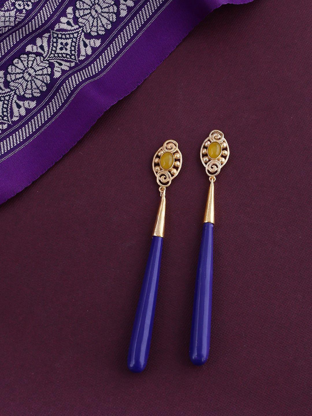 shoshaa blue & gold-plated teardrop shaped drop earrings