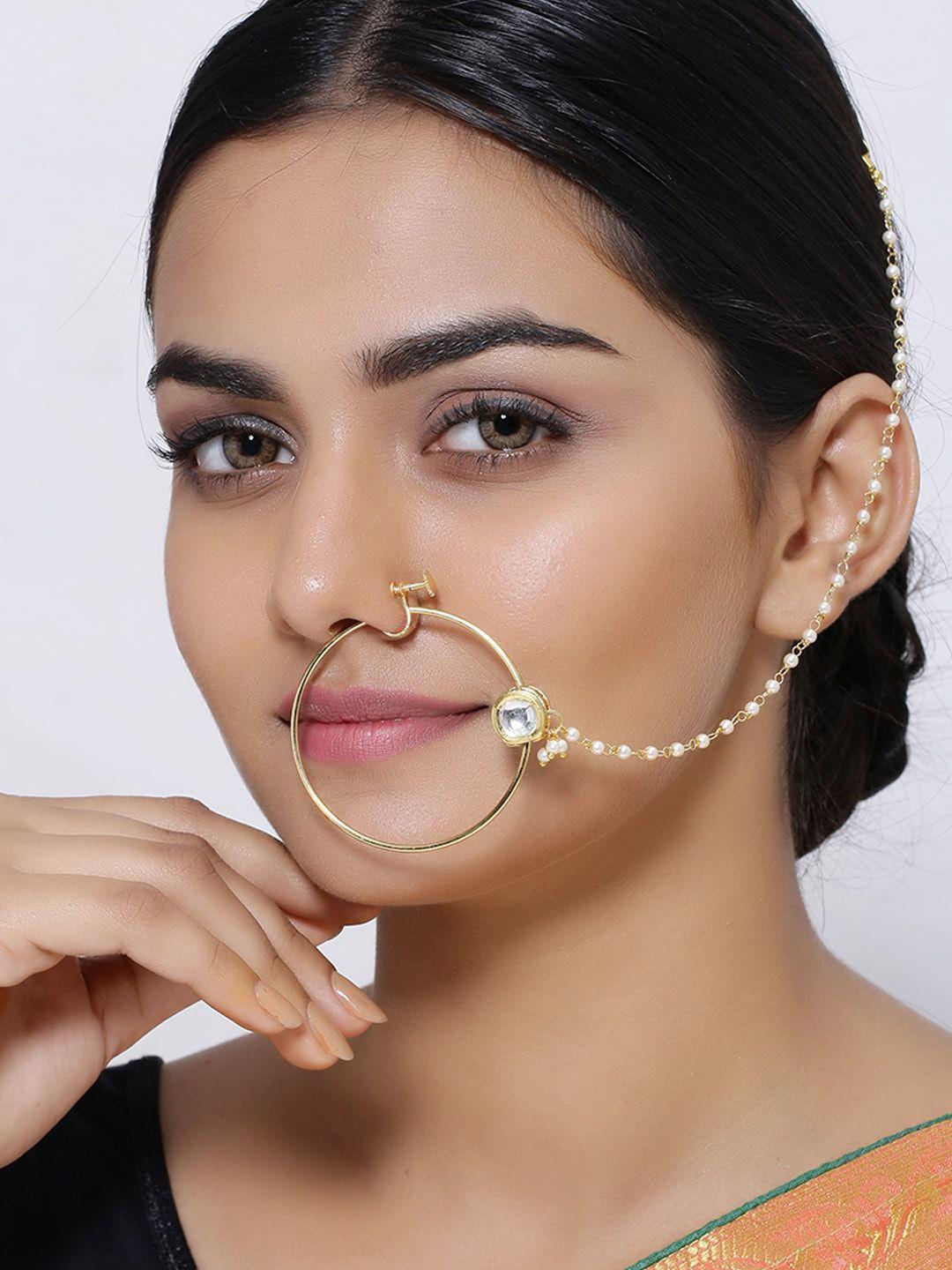 shoshaa gold plated white kundan stone studded nose pin with beaded extension