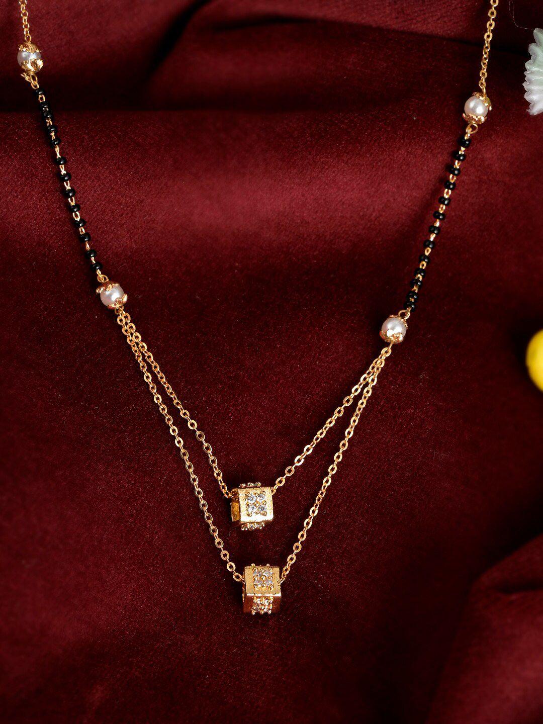 shoshaa gold-plated  white stones & black beads layered mangalsutra