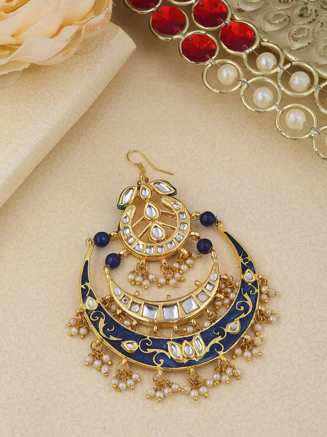 shoshaa gold-plated blue & white kundan-studded beaded enamelled handcrafted jhumar passa