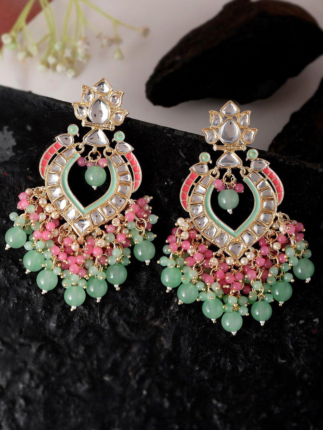 shoshaa gold-plated green & pink enamel kundan-studded drop earrings