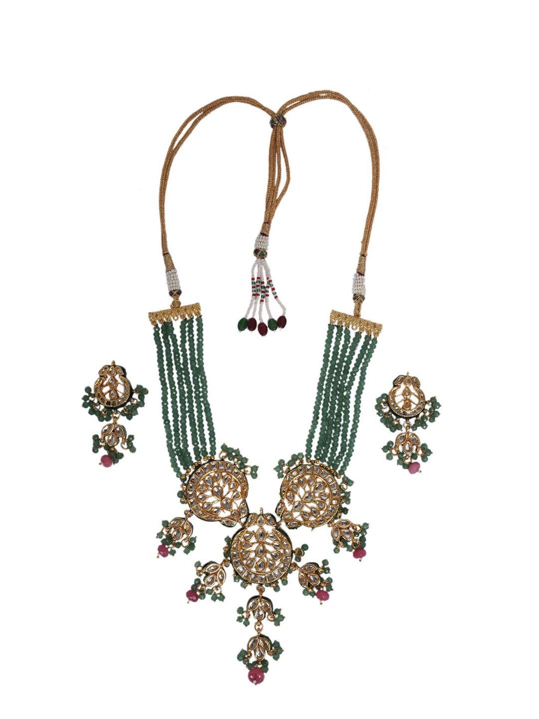 shoshaa gold-plated green & white kundan-studded beaded handcrafted jewellery set