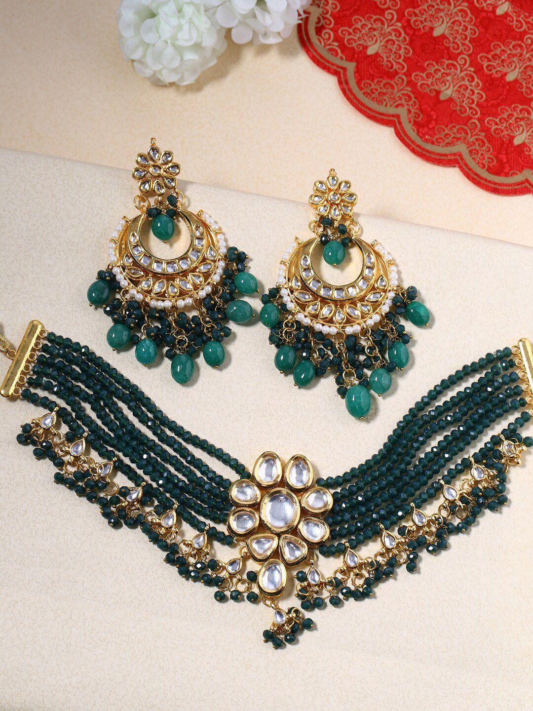 shoshaa gold-plated green & white kundan-studded beaded jewellery set