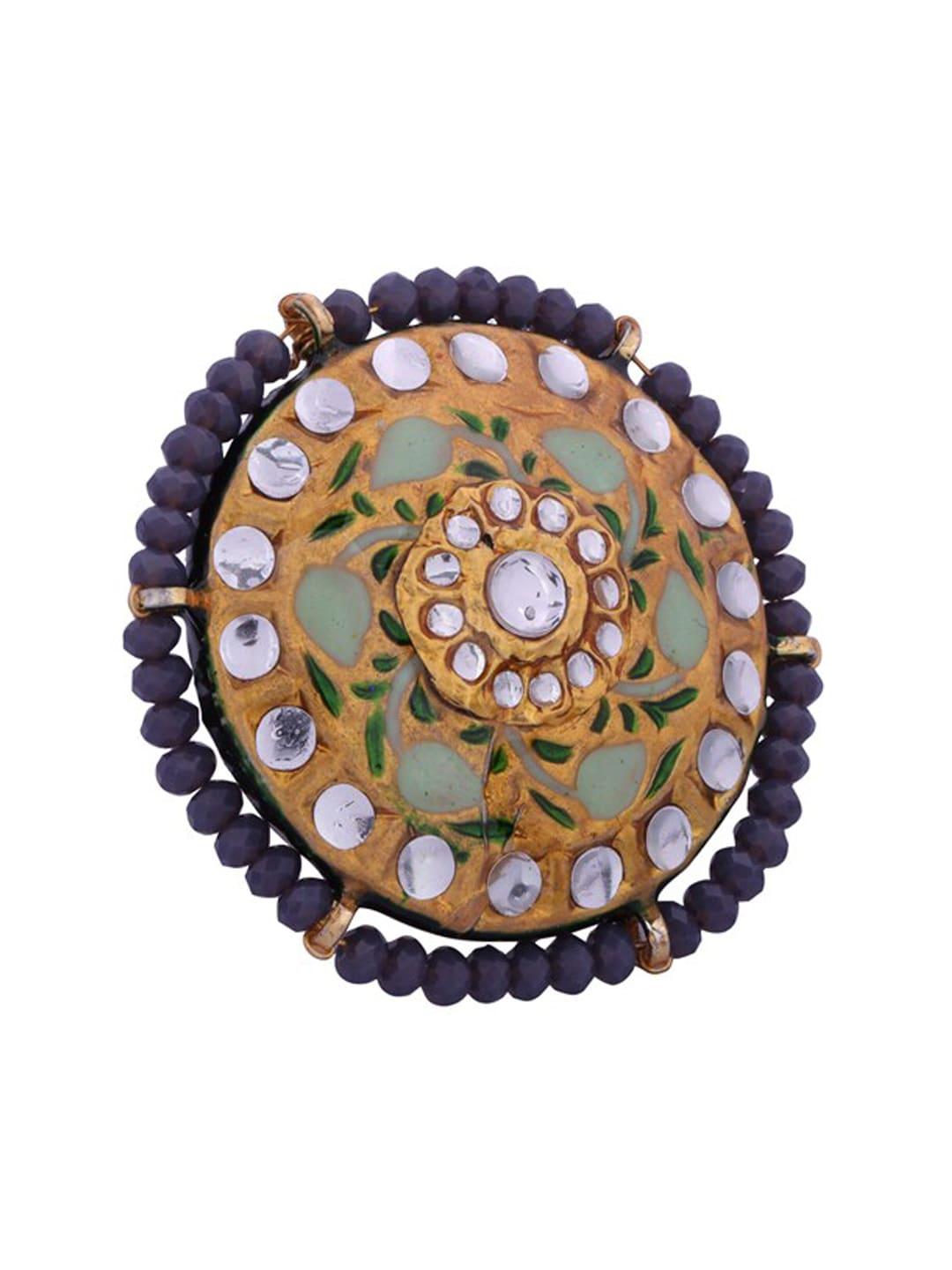 shoshaa gold-plated grey & green stone-studded beaded enamelled handcrafted finger ring