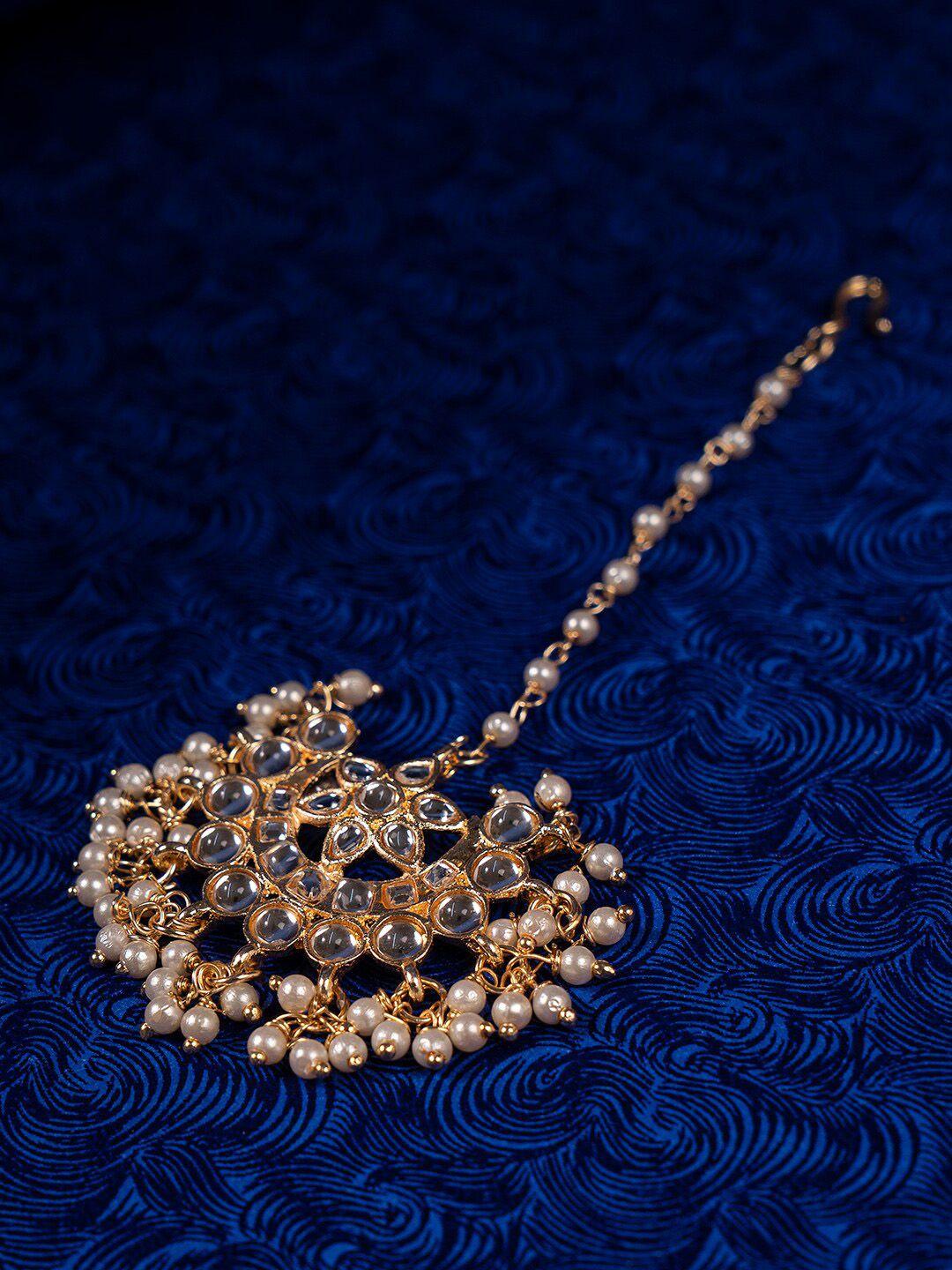 shoshaa gold-plated kundan-studded & pearl beaded maang tikka