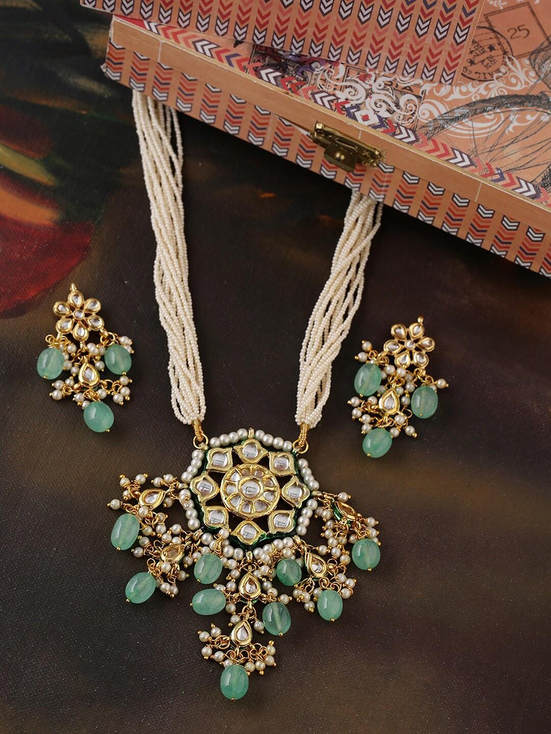 shoshaa gold-plated kundan-studded beaded necklace & earrings