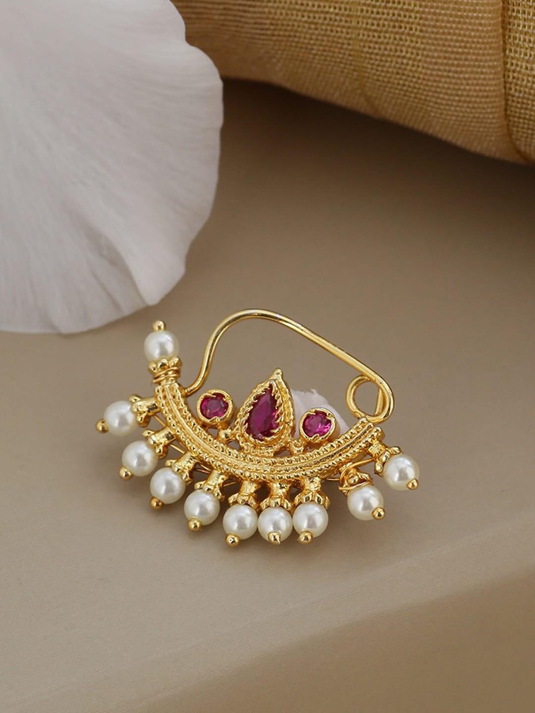 shoshaa gold-plated pink & white stone-studded beaded nosepin