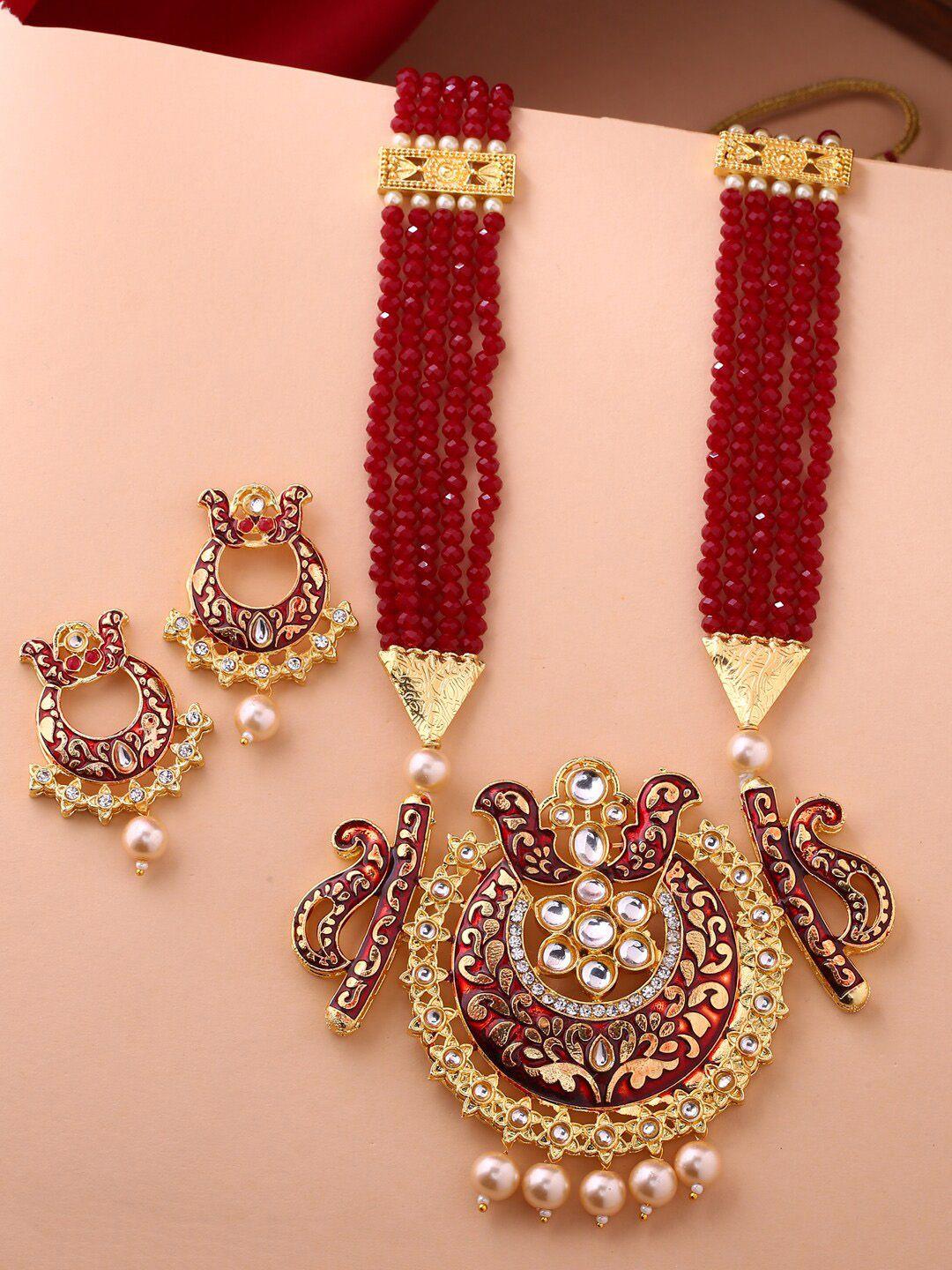 shoshaa gold-plated red & beige stone-studded & beaded handcrafted jewellery set