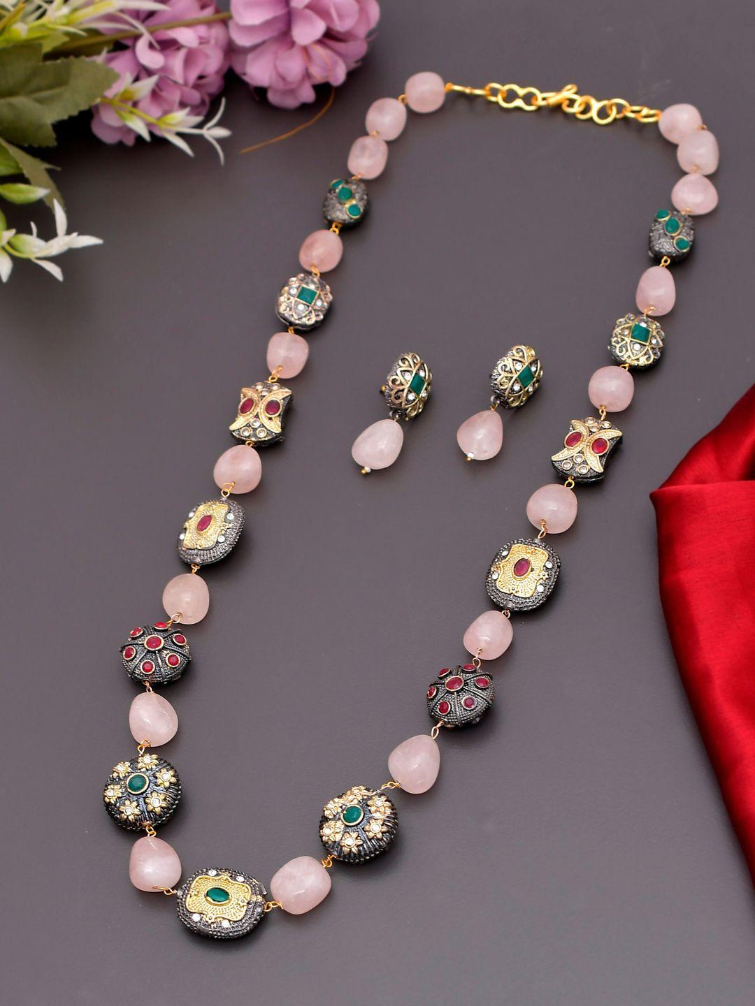 shoshaa gold-plated red & green stone-studded beaded handcrafted jewellery set