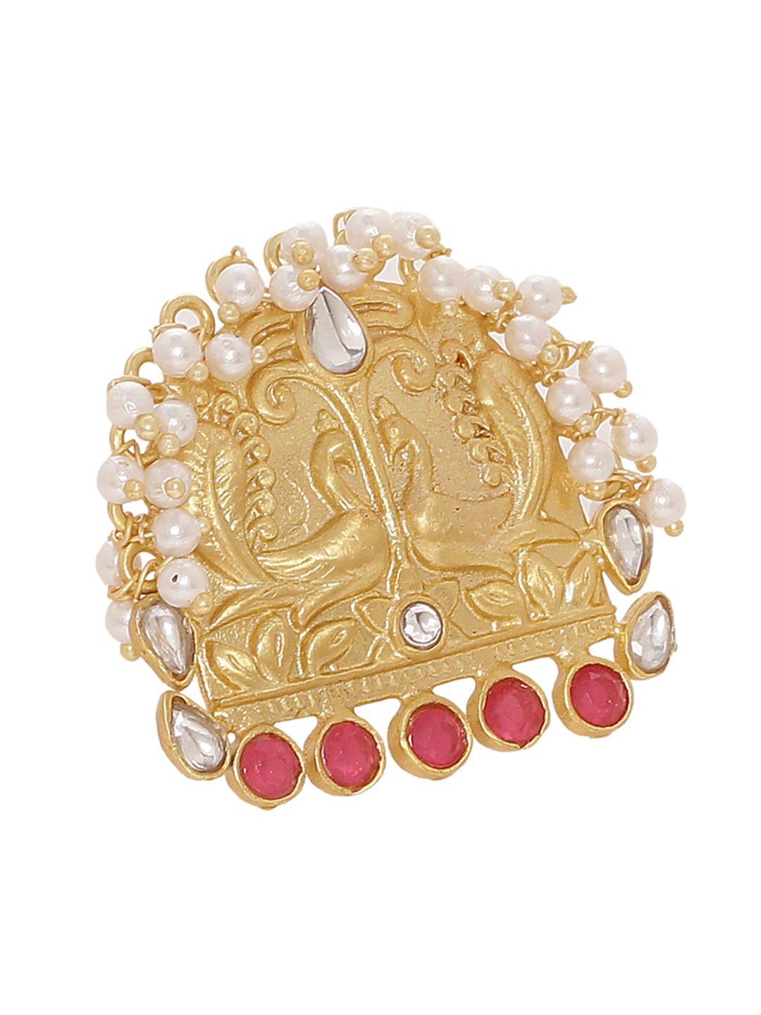 shoshaa gold-plated red & white stone-studded dual peacock adjustable finger ring