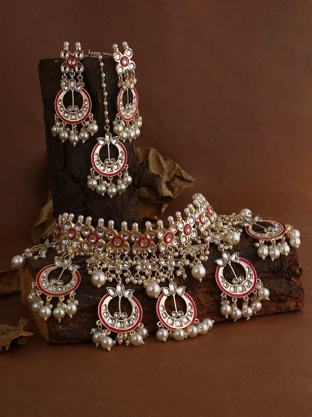 shoshaa gold-plated white & pink kundan studded meenakari bridal jewellery set
