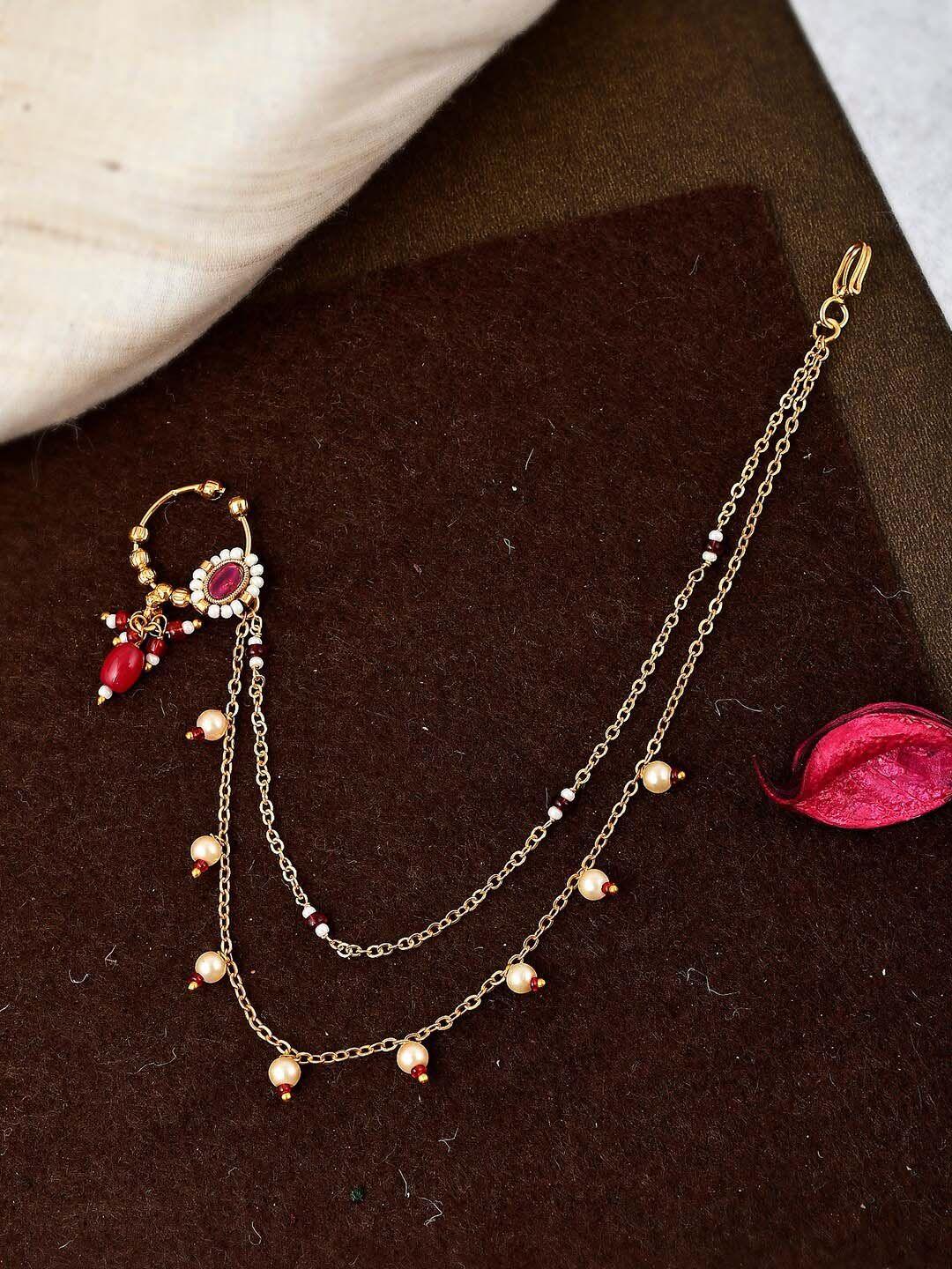 shoshaa gold-plated white & pink stone-studded & pearl beaded vilandi nosepin