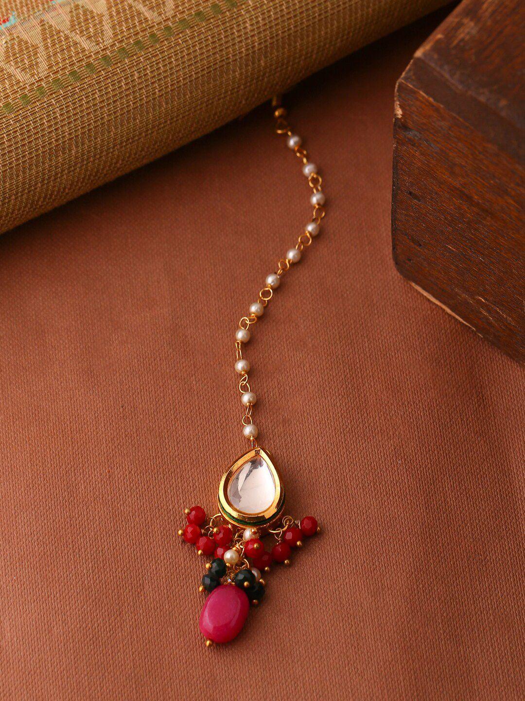 shoshaa gold-plated white & red stone-studded & beaded handcrafted maang tikka
