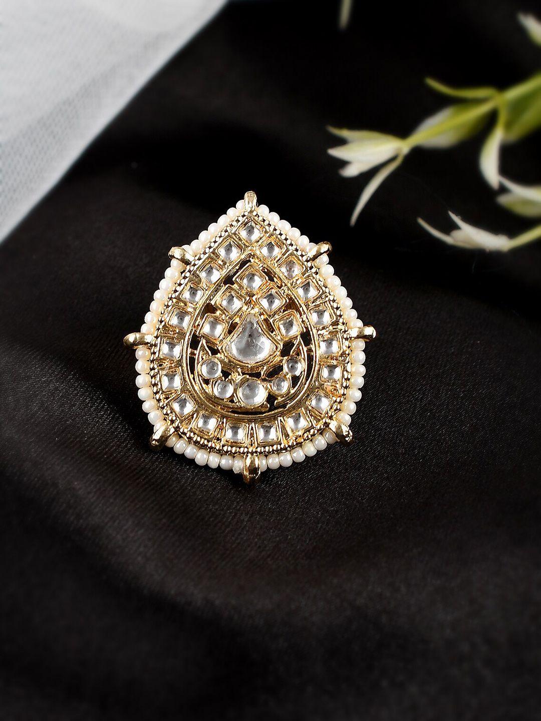 shoshaa gold-plated white kundan studded & beaded finger ring